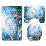 Morbuy 3 Pieces Polyester Non Slip Bathroom Mat Sets Bath Mat + Pedestal Mat + Toilet Seat Cover Mat, Home Decor - Marine Animal (Dolphin)