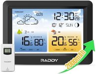 Raddy WM6 Weather Station with 2000mAh Rechargeable Battery, Wireless Indoor Outdoor Thermometer Hygrometer Barometer with Atomic Clock Weather Forecast for Home Use, Black