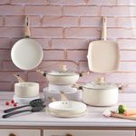 Cookaid Velora Series Cook and Serve Cookware Set of 11 Pcs Non Stick Cookware Set with 2 Pcs Nylon Tool| Aluminium Body| Ceramic Non Stick Coating |ISI Certified | Cream