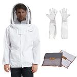 Premium Beekeeping Suit Jacket with Removable Fencing Veil Hood, Beekeeper Goatskin Gloves for Professional Beekeepers (L)