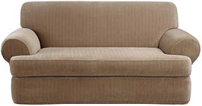 SureFit Stretch Pinstripe T-Cushion Sofa Loveseat Slipcover, Form Fit, Polyester/Spandex, Machine Washable, Two Piece, Taupe Color