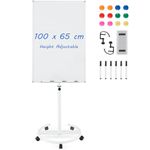 CASART Flip Chart White Board, Height Adjustable Dry Erase Board with Stand, Eraser, Magnets & Paper Clips, 100 x 65 CM Mobile Magnetic Whiteboard for Home Office Classroom (White)