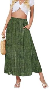 NASHALYLY Women's High Waisted Maxi Skirt,Elastic Chiffon Boho Long Skirt with Pockets(Green Ripples,S)