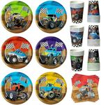 K1tpde Monster Truck Party Tableware - 90PCS Monster Truck Theme Party Paper Plates Set Checkered Flag Monster Truck Birthday Decorations Monster Plates Disposable Paper Cup Napkins Party Supplies