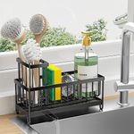 Cisily Sponge Holder for Kitchen Sink, Sink Caddy with High Brush Holder, Organzier Rustproof 304 Stainless Steel Dish Organizer Divider, Soap Dispenser Storage (Black)