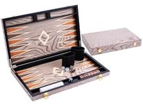 Engelhart – 250543 – Deluxe 18-inch Backgammon Set with Varnished Ebony Wood Veneer – Grey – Metal Closure – Pearly Dice, Chips, and Wooden Cups Included – 2 Players – Game Rules Included – Ages 6+