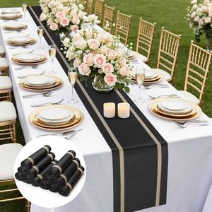 FAVE 12Pcs Woven Vinyl Table Runner Black Table Runner Woven with Golden Threads 120x12 Inches Heat Resistant Dining Table Mats for Wedding, Banquet, Birthday, Party, Restaurant(Black, 12"x120")