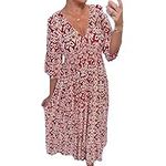 GuyAna V-neck floral dress,Women's Plus-Size Super Fairy V-Neck Floral Dress Beach Holiday Beach Skirt Long Skirt (red,2XL)