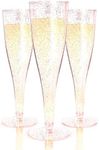 Prestee 24 Champagne Flutes Plastic - Disposable Champagne Flute - Rose Gold Glitter Plastic Champagne Glasses for Parties - Mimosa Bar, Wedding, Shower Party, New Years Eve Party Supplies 2024 (Gold)