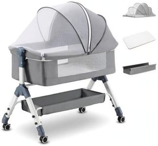 PlayPals Baby Bassinet with Mattress, Baby Crib with Storage Basket, Wheels and Mosquito net, 3 Adjustable Height, Breathable Mesh Drop Down Side, Baby Bassinet Bedside Sleeper, Grey