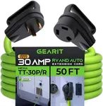 GEARit 30-Amp Extension Cord for RV and Auto, (50-Feet) 3-Prong 125-Volt 10/3 STW 10AWG Gauge 3 Wire, NEMA TT-30P to TT-30R, Outdoor Camper Power Cord