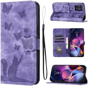 LSPCASA Flip Case for Motorola Moto G54 5G PU Leather Material Motorola G54 Case with Card Slots Cats Butterfly Pattern Phone Case Purple