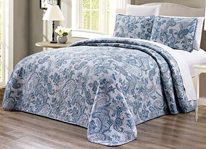 (California King, Grey, Black, White, Blue, Paisley) - 3-Piece Oversize (290cm X 240cm ) Fine printed Prewashed Quilt Set Reversible Bedspread Coverlet (California) CAL KING SIZE Bed Cover (Grey, Black, White, Blue, Paisley)