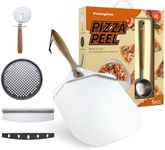 5 PCS 12 inch Aluminum Pizza Turing Peel Set, Metal Pizza Spatula with Foldable Wood Handle, Sauce Spoon & Pizza Rocker Cutter, Perfect set for Pizza Baking, Dough, Bread & Pastry, Giftbox packing.