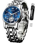 OLEVS Watch for Men Skeleton Analog Quartz Chronograph Diamond Watches Stainless Steel Moon Phase Calendar Waterproof Wrist Watch Silver Blue