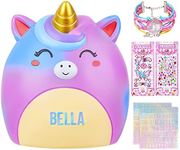 Piggy Bank Girls Unicorn Piggy Banks Unbreakable Resin Money Coin Bank with Stickers Bracelet Unicorn Gifts Set for Kids Toddlers,Purple Blue