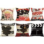 BeAhity 6 Pack Movie Theater Cinema Theme Pillow Cases,Vintage Film Clapper Board Popcorn Decorative Pillow Covers Personalized Home Cushion Cover Movie Theater Decor,18x18 Inches(CASE ONLY)