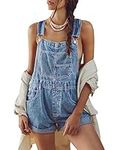 Doubauen Womens Overalls Shorts Denim Bib Straps Shorts Casual Solid Color Rompers Jumpsuits With Pockets Pants, Blue, Medium