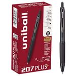 Uniball 207 Plus+ Retractable Gel Pens, Micro Point (0.5mm), Black, 12 Pack