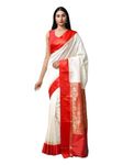 Women's Glory Women Art Silk Traditional Bengali Garad Silk Saree Handmade In White And Red With Blouse Piece. (Art Silk-1)