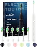 7AM2M Sonic Electric Toothbrush for Adults and Kids, One Charge for 90 Days, with 6 Brush Heads, 5 Modes with 2 Minutes Build in Smart Timer, Roman Column Handle Design (White)