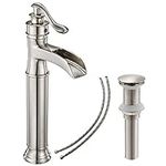 BATHLAVISH Vessel Sink Faucet Waterfall, Tall Bathroom Faucet Brushed Nickel, Vessel Faucet, Farmhouse Single Hole Single Handle Brush Nickel Vanity RV with Pop Up Drain Without Overflow