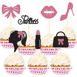 Sotpot 28 pcs Glitter Princess Cupcake Toppers, Black Girl Bow Tie Cupcake Toppers Picks for Girl Princess Themed Birthday Party, Baby Shower Wedding Party Cake Decorations