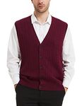 KALLSPIN Men's Sweater Vest Cable-Knit Wool Blend Lightweight Sleeveless Button Cardigan Sweater(Burgundy-Red,Medium)