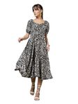 OOMPH! Printed Crepe Dress for Women, Puffed Sleeve, Black - md987