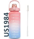 US1984 2 liter 2D Sticker Water Bottle with Straw, Unbreakable Sports Water Bottles with Handle, Leak Proof Drinks Bottle BPA Free for Gym Fitness Outdoor Sports (2L Red, Plastic)