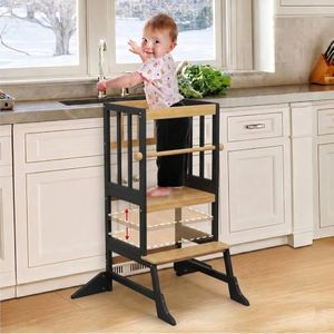 COSYLAND Toddler Standing Tower - Adjustable Height Toddler Kitchen Stool Helper - Kids Kitchen Step Stool for Learning with Removable Safety Railing Black&Natural