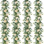 UXORSN 4PCS 24FT Artificial Eucalyptus Flower Garland with Champagne Rose Fake Plants Silk Floral Greenery Garland Faux Gypsophila Ivy Vine for Wedding Decoration Home Party Table Runner Decor