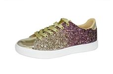 LUCKY STEP Glitter Sneakers Lace up | Fashion Sneakers | Sparkly Shoes for Women (6 B(M) US,Gold)