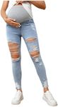 BEAUDRM Women's Maternity Skinny Jeans Over The Belly Adjustable Elastic Waist Ripped Raw Hem Denim Pants Light Wash X-Large