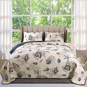 Coastal Quilts Queen Size, 3-Piece Starfish Shell Pattern Queen Beach Themed Bed Spreads, Soft Cotton Coastal Quilt Set with Pillowcases, All Seasons Quilt Bedding Set, 90x98 Inch