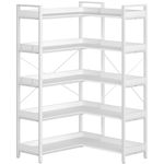 Rolanstar Bookshelf 5 Tier with 4 Hooks, Reversible Corner Bookshelf, 65" Industrial Wooden Bookcase with Open Shelves and Metal Frame for Living Room, Bedroom, Home Office, White