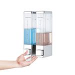 interhasa! Wall Mount Handwash Dispenser 2-Chamber 700ml Liquid Soap Dispensers for Home Bathroom Kitchen ABS Manual Press 7001-2 Silver