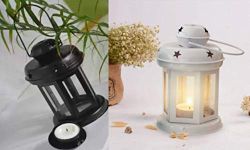 F&N Home Decor Iron Brass and Copper Plated tealight Candle Holder Lantern with tealight Diya for Diwali, Dusshera and Christmas (Pack of 2, Black-White)