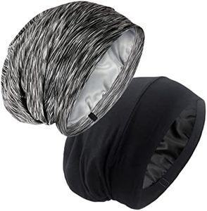 Silk Satin Lined Bonnet Sleep Cap - Adjustable Stay on All Night Hair Wrap Cover Slouchy Beanie for Curly Hair Protection for Women and Men - Black & Pink