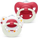 NUK Signature Night Baby Dummy | 18-36 Months | Soothes 95% of Babies | Heart-Shaped BPA-Free Silicone Soothers | Glow-in-The-Dark | Includes Case | Red Hearts | 2 Count