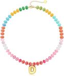 Bubble Letter Necklace Rainbow Bead Necklace with Initial D Unique Gifts for Women Gold Choker Necklaces for Women Teen Gifts Colorful Bead Necklace Summer Boho Christmas Jewelry