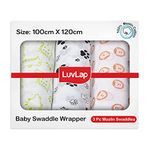 LuvLap 100% Cotton Muslin Baby Swaddle Set, Pack of 3, Size-120cm x 100cm (47"x39"), Animals Printed on White, 0-18 Month+, Printed Mulmul Muslin Swaddle Wrap for New Born Baby