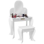 Qaba Kids Dressing Table and Chair Set, Girls Dressing Set, Makeup Desk with Drawer for 3-6 Years Old Kids, White