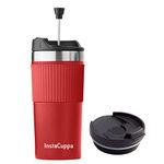 InstaCuppa Portable French Press Travel Mug for Coffee with Extra Lid, Effortless Press Mechanism, Durable Steel Mesh Filter, Spill-Proof, Easy To Grip, Perfect for Busy Moms On The Go, 400 ML, Red