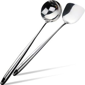 Wok Spatula and Ladle Tool Set - Mirror Polished 17 Inch 304 Stainless Steel Wok Spatula - Chinese Wok Cooking Utensils Set - High-Grade Heat Resistant Long Handle Spatulas for Cooking