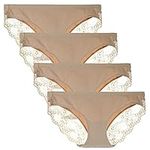 LIQQY Women's Knickers Low Waist Cotton Underwear Lace Coverage Bikinis Ladies Panties 4 Pack (Nude, X-Large)