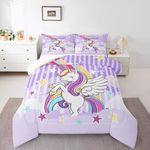 Girl Rainbow Unicorn Twin Size Comforter Set,Kids Purple Stripe Decor All Season Bedding Set,Teens Cute Unicorn Comforter,Children Stars Galaxy Decor Quilt Set Bedroom Collection 2Pcs