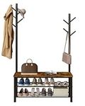 Yusong Shoe Bench with 2 Hall Tree Coat Racks Stand, 35.4" Industrial Entryway Bench 3 Tier Shoe Rack with 9 Hanging Hooks for Hallway Bedroom