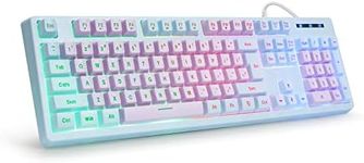 HUO JI Gaming Keyboard USB Wired with Rainbow LED Backlit, Quiet Floating Keys, Mechanical Feeling, Spill Resistant, Ergonomic for Xbox, PS Series, Desktop, Computer, PC, Purple Blue