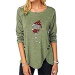 Fuyxxmer Womens Christmas Sweatshirt Red Wine Glass Santa Hat Irregular Button Long Sleeve Round Neck Xmas Shirt